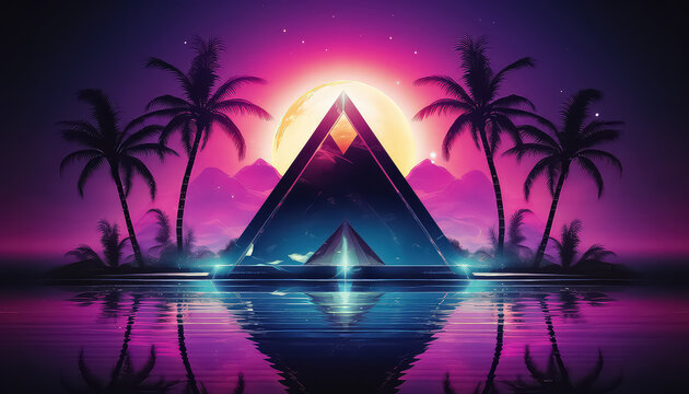 Egyptian pyramids with sun and palm trees in neon color ,spring concept