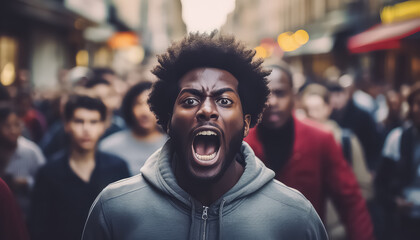 African american man in crowd of protesters shouting , black history month - obrazy, fototapety, plakaty