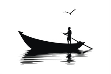 Naklejka premium River fishing boat and fisherman, in a boat silhouette fisherman boat icon logo