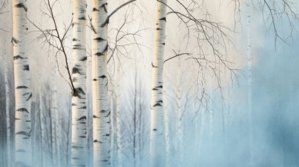 Obraz premium a painting of a group of birch trees in a foggy, blue, and foggy forest with a bird perched on the branch of one of the tree.