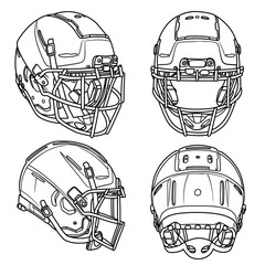 Technical sketch drawing of one single line drawing American football helmet  line art. Attributes of football vector illustration, front, side, and rear view isolated with white background. - obrazy, fototapety, plakaty