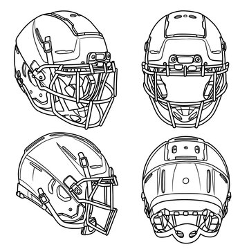 Technical sketch drawing of one single line drawing American football helmet  line art. Attributes of football vector illustration, front, side, and rear view isolated with white background.
