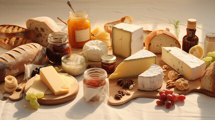 Fototapeta na wymiar A spread of artisanal bread cheeses and jams
