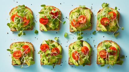 avocado toast with tomato and basil  - obrazy, fototapety, plakaty