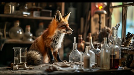 Fototapeta premium Anthropomorphized Fox Amidst Old Cluttered Laboratory with Glass Bottles and Potted Plant on Window Sill