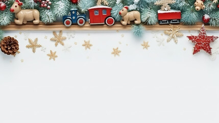 Christmas border with branches and wooden toys