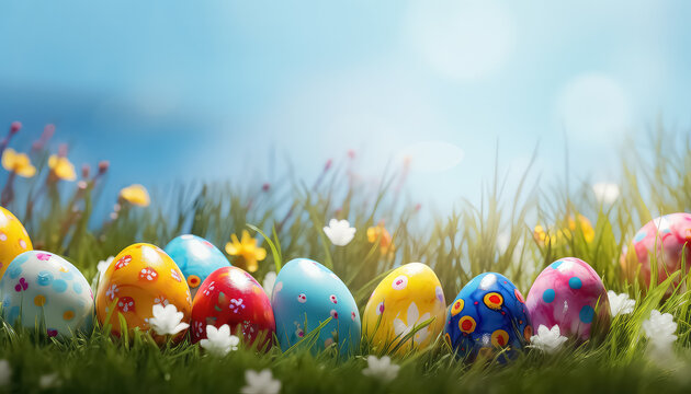 Painted eggs on a floral summer field, easter concept