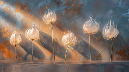  a group of white flowers sitting next to each other on top of a table next to a painting of a sky with clouds and sun shining down on the ground.