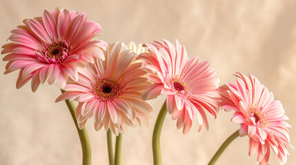  a group of pink flowers sitting in a vase on top of a wooden table with a white wall behind it and a light pink wall behind the vase with a few pink flowers.