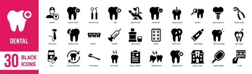 Dental solid icons set. Dentist, teeth, drill, mirror, implant, braces, medicine, anaesthesia, mouthwash and smile. Vector illustration. - obrazy, fototapety, plakaty