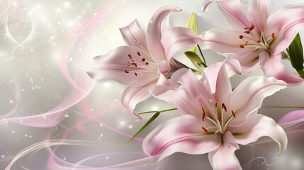  a bouquet of pink lilies on a gray and white background with swirls and sparkles in the bottom half of the image and a pink ribbon in the middle of the bottom half of the image.