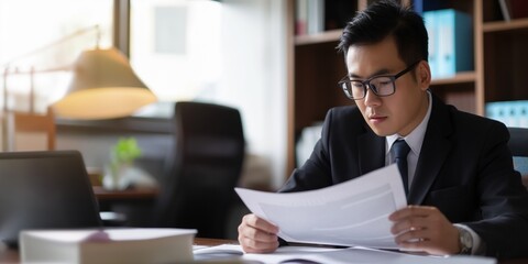 Asian attorney in a law office, reviewing legal documents with meticulous attention to detail