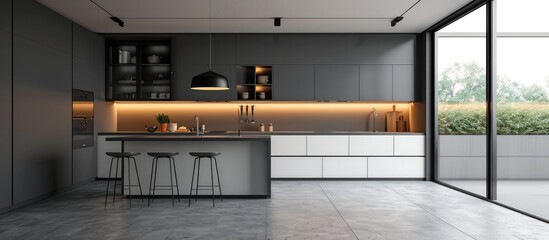 Contemporary, minimalist kitchen in dark grey and white. - obrazy, fototapety, plakaty