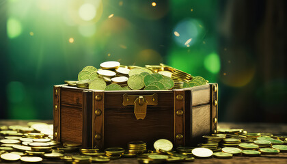 Chest with gold on green background, concept St.Patrick 's Day - obrazy, fototapety, plakaty