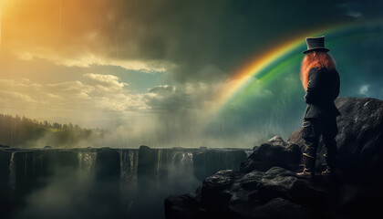 Bearded redhead man at waterfall with rainbow, concept St.Patrick 's Day
