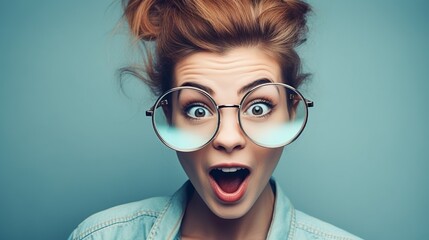 Portrait of a young surprised woman in round glasses over blue background.
