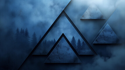 Blue Triangle Forest Illusion: A minimalist artwork with dark blue shades, forest silhouettes, and geometric shapes creating a serene abstract scene. - obrazy, fototapety, plakaty