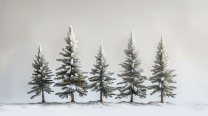 Fototapeta premium a painting of a row of pine trees in the snow with white snow on the tops of the trees and the tops of the pine trees in the foreground.