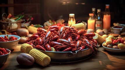 An atmospheric image of a Louisiana crawfish boil, with piles of boiled crawfish, corn, and potatoes spread across a communal table, inviting communal dining experiences.