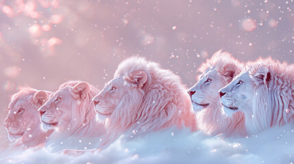  a group of four white lions standing next to each other on a snow covered ground in front of a pink sky with snow flakes and white snow flakes.