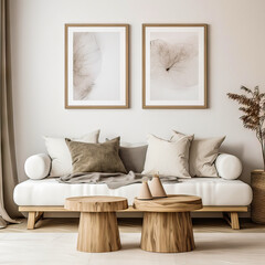 White living room interior with sofa and chairs, coffee table with books and decoration. Modern large lamp. Mockup copy space wall