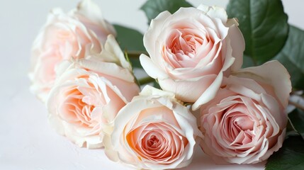  a close up of a bunch of pink roses with green leaves on a white surface with a white wall in the background and a white wall in the foreground.