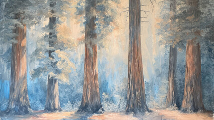  a painting of trees in a forest with snow on the ground and trees in the foreground, and a blue sky in the background, with a few clouds.