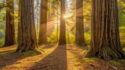  the sun shines through the tall trees in a grove of tall trees in a forest with grass on the ground and grass on the ground in the foreground.