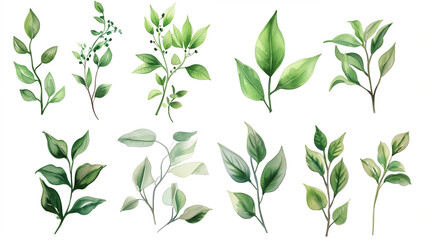 Collection of green watercolor foliage plants clipart on white background. Botanical spring summer leaves illustration. Suitable for wedding invitations, greeting cards, frames and bouquets. - obrazy, fototapety, plakaty