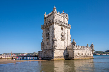 Beautiful view of the landmark Belem Tower in  Lisbon's old city.