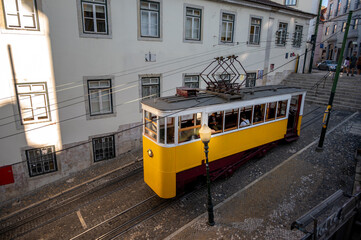 Old funicular in Lisbon's old city in the evening.