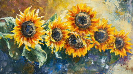 Fototapeta na wymiar a painting of a bunch of sunflowers in a blue vase on a yellow and brown background with a green leafy branch in the center of the painting.