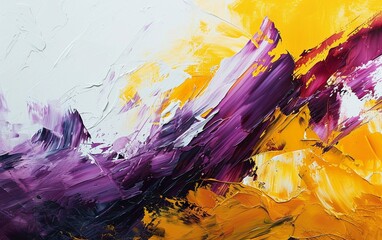Abstract painting minimalist style white, purple and yellow strokes on a white background painted wide brush