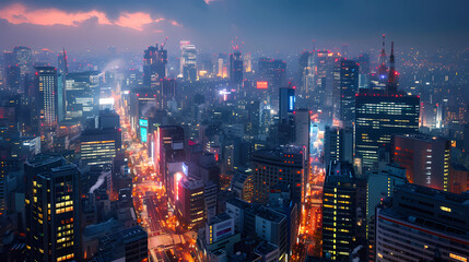 A bustling cityscape illuminated with lights during the night