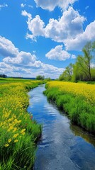 Blue Sky and White Clouds in Spring with a crooked River runs through the Countryside the Fields on both Sides of the River are full of Yellow Rapeseed created with Generative AI Technology