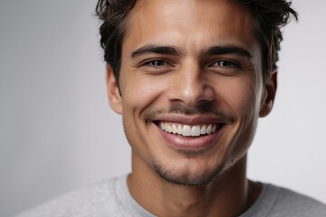 Hombre, joven, de sonrisa perfecta sobre fondo blanco