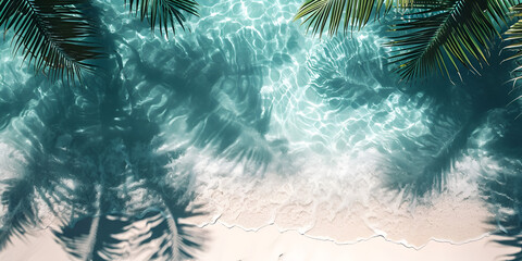 Top view of tropical leaf shadow on water surface. Shadow of palm leaves on white sand beach. Beautiful abstract background concept banner for summer vacation at the beach, 
