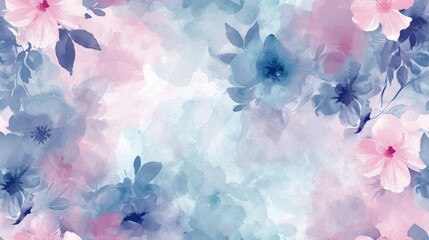 Fototapeta na wymiar a watercolor painting of pink and blue flowers on a blue and pink background with leaves and flowers on the left side of the image, and on the right side of the left side of the.