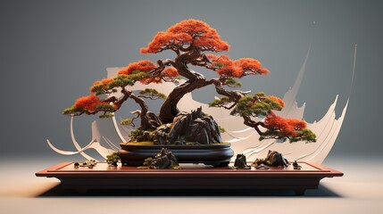 Beautiful Bonsai Tree in wooden pot on color background created with Generative AI technology