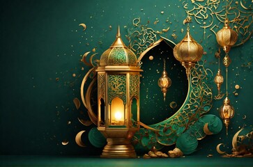 golden lantern arabic green Islamic design background. Universal ramadan kareem banner background with lantern, moon, islamic pattern, mosque and abstract luxury islamic elements 