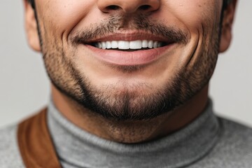Boca masculina con dentadura blanca y perfecta, además de barba y bigote - obrazy, fototapety, plakaty