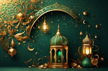 Obraz premium golden lantern arabic green Islamic design background. Universal ramadan kareem banner background with lantern, moon, islamic pattern, mosque and abstract luxury islamic elements 