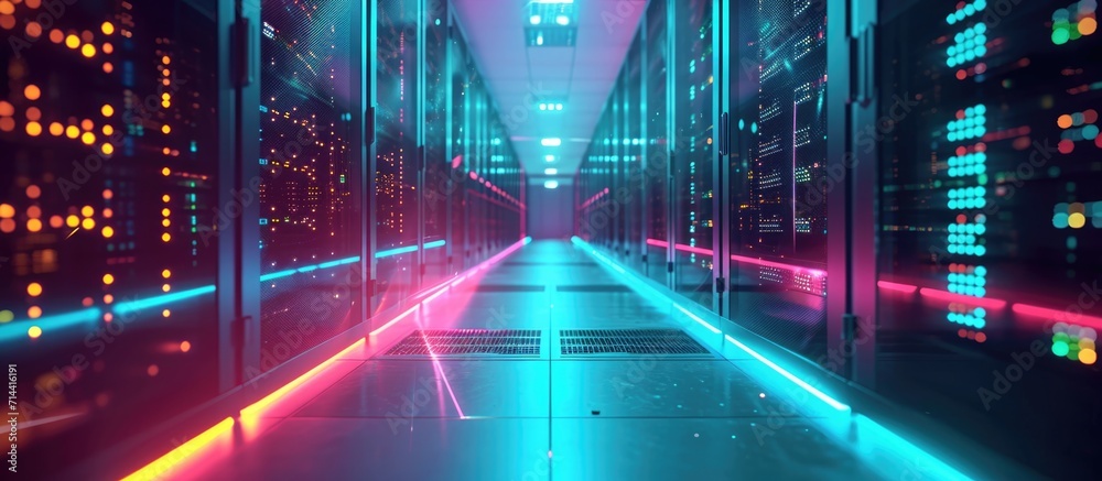 Poster neon projection visualizes data in active data center full of servers.
