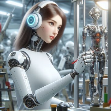 A female robot is working in industry 