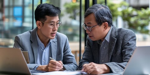 determined Asian financial advisor assisting a client with retirement planning and financial goals  - obrazy, fototapety, plakaty