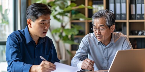 determined Asian financial advisor assisting a client with retirement planning and financial goals 