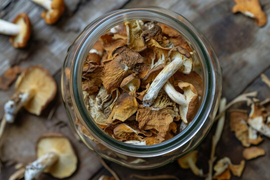 Jar for storing dried mushrooms. Background with selective focus and copy space
