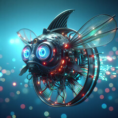 A flying robot wheel fish with amour plating Ai generated art