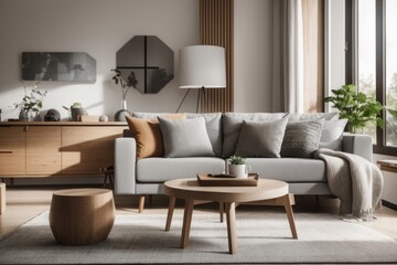 Obraz premium Scandinavian interior home design of modern living room with gray sofa and rustic wooden round table with home decor