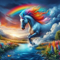 Beautiful horse water rainbow animal wallpaper Ai generated art © Dristi